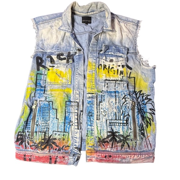 Rockstar Original Other - Rockstar Original Mens XL Distressed Graphic Grunge‎ Denim Vest Streetwear
